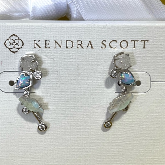 NWT RARE & Retired Kendra Scott Troian Ear Climbers Ice Blue Opal Dichroic Drusy - Picture 14 of 17